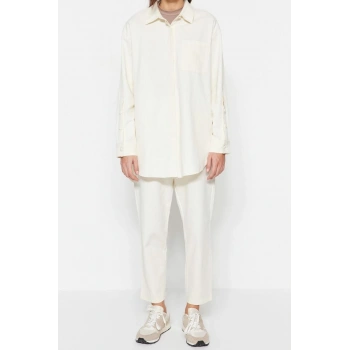 Moda Yüksek Bel Düz Ceket Yaka Düşük Kol Casual Günlük Açık Dokuma Pamuklu Gömlek-Pantolon Takım