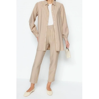 Moda Dokuma Düz Gömlek Yaka Düşük Kol Casual Günlük Keten Görünümlü Gömlek-Pantolon Dokuma Takım