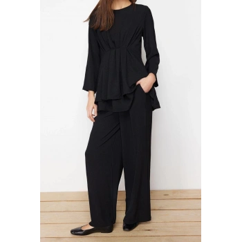 Moda Dokuma Düz Casual Günlük Siyah Büzgülü Aerobin Tunik Pantolon Dokuma Alt Üst Takım