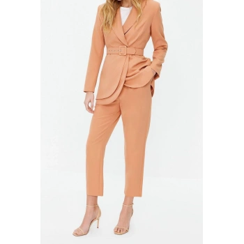 Moda Düz Ceket Yaka Resmi Kemerli Krep Astarlı Ceket Pantolon Dokuma Alt Üst Takım