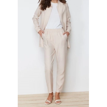 Moda Bisiklet Yaka Balon Kol Casual Günlük Keten Görünümlü Dokuma Pantolon Tunik Alt Üst Takım