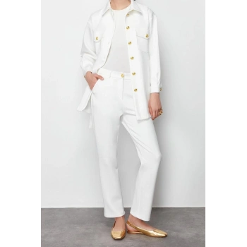 Moda Örme Düz Casual Günlük Ekru Scuba Gold Düğme Detaylı Düz Örme Alt-Üst Takım