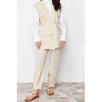 Moda Dokuma Düz Düşük Kol Casual Günlük Taş Keten Görünümlü Yelek Pantolon Dokuma Alt Üst Takım