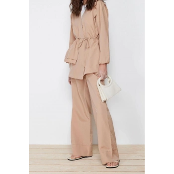 Moda Düz V Yaka Düşük Kol Casual Günlük Pamuklu Dokuma Kimono Pantolon Alt Üst Takım