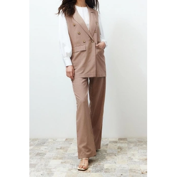 Moda Çizgili Ceket Yaka Resmi Vizon Çizgili Kumaş Yelek Pantolon Dokuma Alt Üst Takım