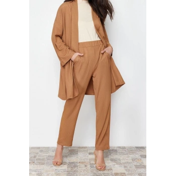 Moda Örme Düz Casual Günlük Bürümcük Örme Kimono Pantolon Alt-Üst Takım