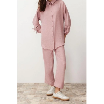 Moda Dokuma Düz Düşük Kol Casual Günlük Pudra Keten Görünümlü Dokuma Alt-Üst Takım