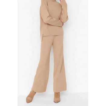 Moda Triko Düz Dik Yaka Düşük Kol Casual Günlük Regular Pantolonlu Triko Alt-Üst Takım