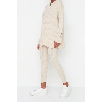 Moda Düz Bisiklet Yaka Düşük Kol Casual Günlük Fitilli Pantolonlu Triko Alt-Üst Takım