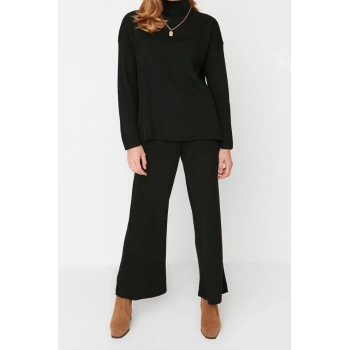 Moda Yüksek Bel Dik Yaka Düşük Kol Günlük Siyah Geniş Kalıp Basic Pantalonlu Triko Alt-Üst Takım