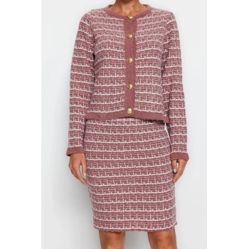 Moda Triko Dokulu Bisiklet Yaka Resmi Örgü Detaylo Hırka-Etek Triko Alt-Üst Takım