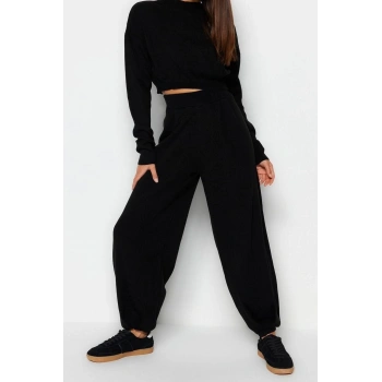 Moda Triko Yarım Balıkçı Yaka Casual Günlük Siyah Süper Crop Jogger Pantolonlu Triko Alt-Üst Takım