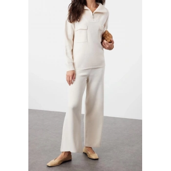 Moda Triko Düz Dik Yaka Düşük Kol Casual Günlük Geniş Kalıp Fermuarlı ve Cepli Triko Alt-Üst Takım