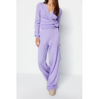 Moda Düz V Yaka Casual Günlük Lila Crop Kruvaze Bağlama Detaylı Triko Alt-Üst Takım