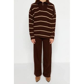 Moda Çizgili Dik Yaka Düşük Kol Casual Günlük Geniş Kalıp Fermuarlı Triko Alt-Üst Takım