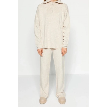 Moda Düz Dik Yaka Düşük Kol Casual Günlük Taş Geniş Kalıp Fermuarlı Triko Alt-Üst Takım