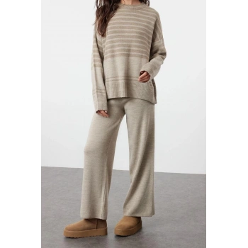 Moda Çizgili Bisiklet Yaka Düşük Kol Casual Günlük Taş Geniş Kalıp Triko Alt-Üst Takım