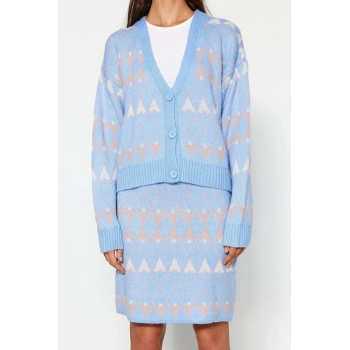 Moda Baklava V Yaka Düşük Kol Günlük Geniş Kalıp Kendinden Desenli Triko Etekli Alt-Üst Takım