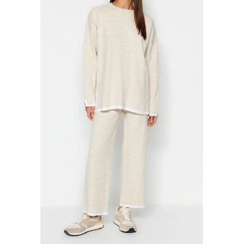 Moda Renk Bloklu Bisiklet Yaka Düşük Kol Günlük Geniş Kalıp Kontrast Renkli Triko Alt-Üst Takım