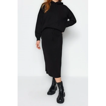 Moda Triko Düz Kapüşonlu Casual Günlük Siyah Kapüşonlu Kazak-Etek Triko Alt-Üst Takım