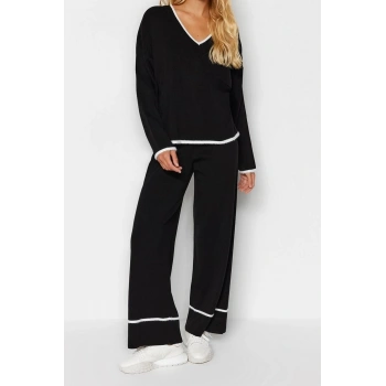 Moda Renk Bloklu V Yaka Düşük Kol Günlük Ekstra Geniş Kalıp Tüylü İplik Garnili Triko Alt-Üst Takım
