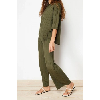 Moda Triko Düz Polo Yaka Casual Günlük Yeşil Basic Fitilli Triko Alt-Üst Takım