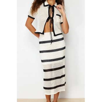 Moda Triko Çizgili Polo Yaka Casual Günlük Kemik Astarlı Etekli Ajurlu Delikli Triko Alt-Üst Takım