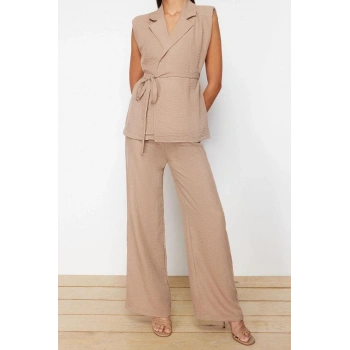 Moda Dokuma Düz Ceket Yaka Casual Günlük Koyu Kruvaze Bağlamalı Dokuma Alt-Üst Takım