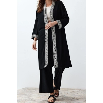 Moda Dokuma Düz Hakim Yaka Casual Günlük Siyah Nakış Detaylı Kimono Pantolon Dokuma Alt-Üst Takım