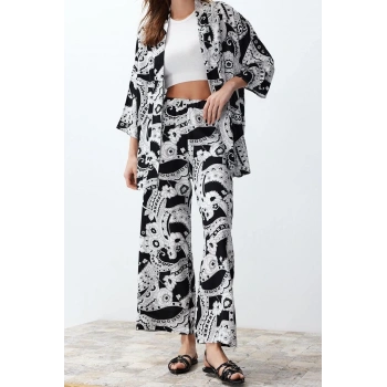 Moda Dokuma Baskılı Degaje Yaka Casual Günlük Siyah Desenli Kimono Pantolon Dokuma Alt-Üst Takım