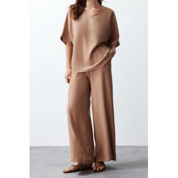 Moda Dokuma Dokulu V Yaka Casual Günlük V Yaka Bluz Pantolon Dokuma Alt-Üst Takım