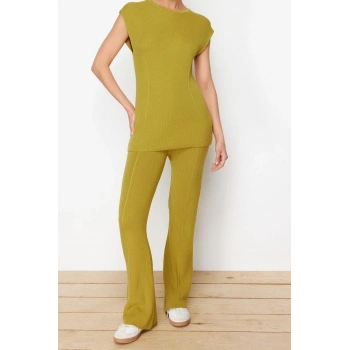 Moda Triko Düz Bisiklet Yaka Casual Günlük Yeşil Pamuklu İnce Bluz Pantalon Triko Alt-Üst Takım