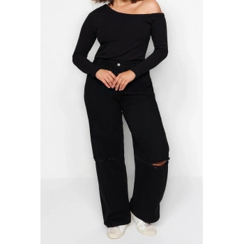 Moda Büyük Beden Devrik Yaka Örme Fit Düz Desen Casual Günlük Regular Uzun Kol Bluz