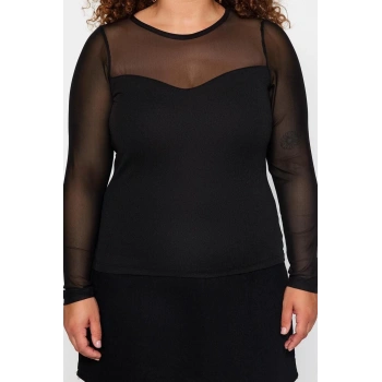 Moda Büyük Beden Bisiklet Yaka Örme Fit Düz Desen Casual Günlük Regular Uzun Kol Bluz