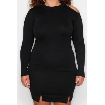 Moda Büyük Beden Dik Yaka Triko Fit Düz Desen Şık gece Regular Uzun Kol Bluz