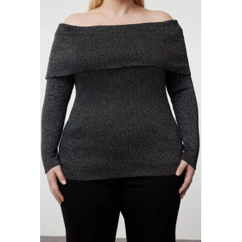 Moda Büyük Beden Carmen Yaka Triko Fit Düz Desen Casual Günlük Regular Uzun Kol Bluz