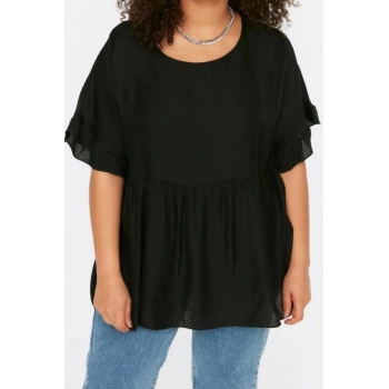 Moda Büyük Beden Bisiklet Yaka Dokuma Oversize Düz Desen Casual Günlük Regular Kısa Kol Bluz