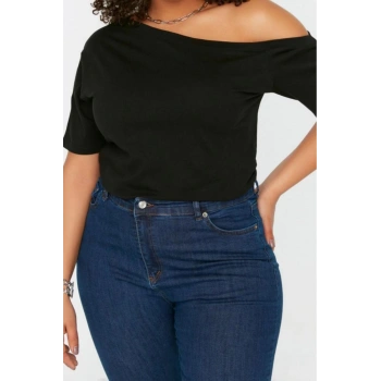 Moda Büyük Beden Devrik Yaka Örme Regular Düz Desen Casual Günlük Crop Kısa Kol Bluz