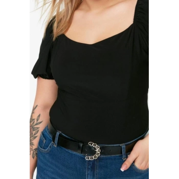 Moda Büyük Beden Kare Yaka Örme Slim Düz Desen Casual Günlük Crop Kısa Kol Bluz