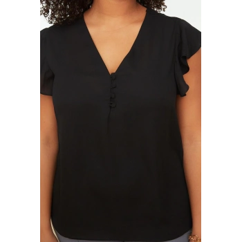 Moda Büyük Beden V Yaka Dokuma Regular Düz Desen Casual Günlük Regular Kısa Kol Bluz