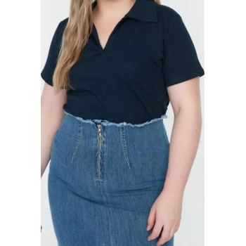 Moda Büyük Beden Polo Yaka Örme Regular Düz Desen Casual Günlük Crop Kısa Kol Bluz