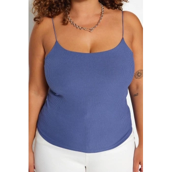 Moda Büyük Beden Kare Yaka Örme Fit Düz Desen Casual Günlük Crop Askılı Kol Bluz