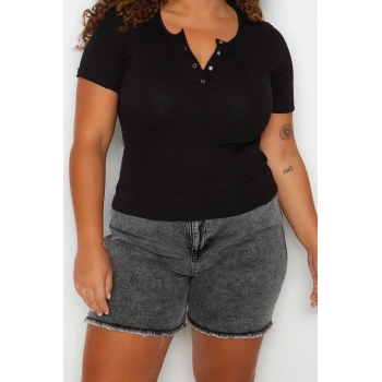 Moda Büyük Beden Havuz Yaka Örme Fit Düz Desen Casual Günlük Crop Kısa Kol Bluz