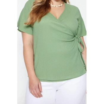 Moda Büyük Beden Kruvaze Örme Fit Düz Desen Casual Günlük Regular Kısa Kol Bluz