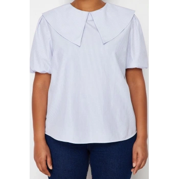 Moda Büyük Beden Bebe Yaka Dokuma Oversize Çizgili Desen Casual Günlük Regular Kısa Kol Bluz