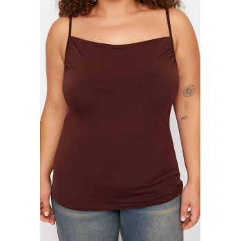 Moda Büyük Beden Degaje Yaka Örme Fit Düz Desen Casual Günlük Regular Askılı Kol Bluz