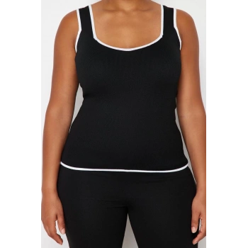 Moda Büyük Beden Kalp Yaka Triko Fit Düz Desen Casual Günlük Regular Askılı Kol Bluz