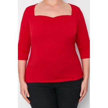 Moda Büyük Beden Kalp Yaka Örme Fit Düz Desen Casual Günlük Regular Uzun Kol Bluz