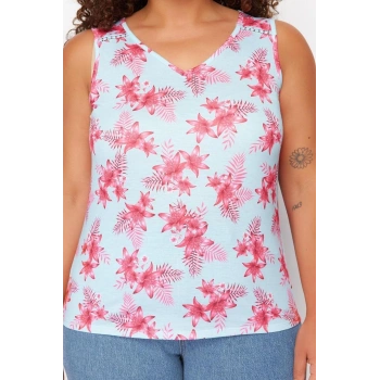 Moda Büyük Beden Bisiklet Yaka Örme Fit Çiçekli Desen Casual Günlük Regular Kolsuz Bluz