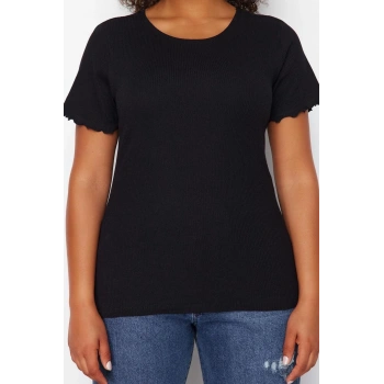 Moda Büyük Beden Bisiklet Yaka Örme Fit Geometrik Desen Casual Günlük Regular Kısa Kol Bluz